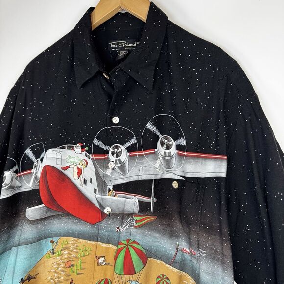 Vintage Tori Richard Christmas Map Shirt Mens Large Santa Seaplane Holiday Aloha - Picture 4 of 13